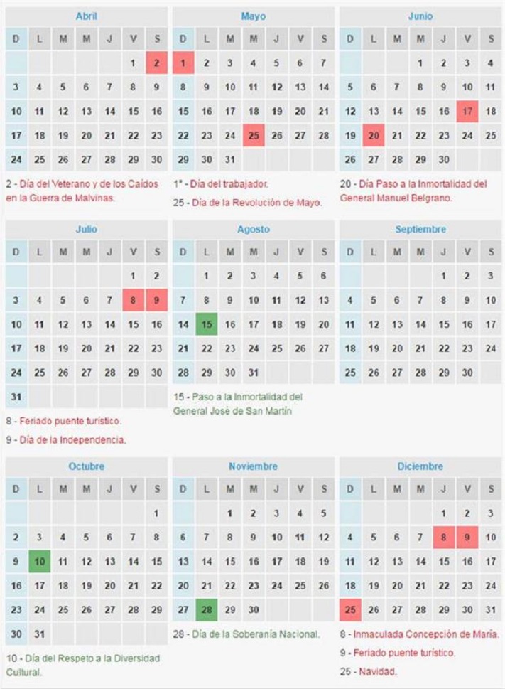 Así queda el calendario de feriados con el fin de semana extra largo del 17 de junio