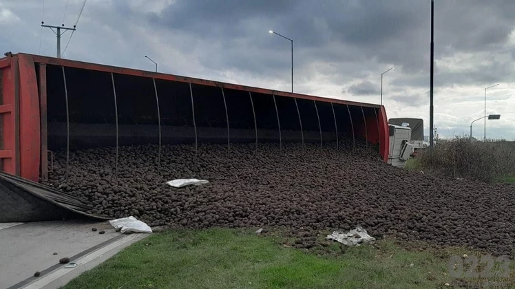 Camión con 32 toneladas de papas volcó en una rotonda y desparramó la carga: no hubo heridos